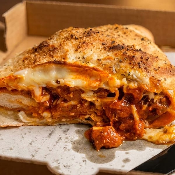 A calzone filled with chicken, melted cheese, and marinara sauce, served in a takeout box.