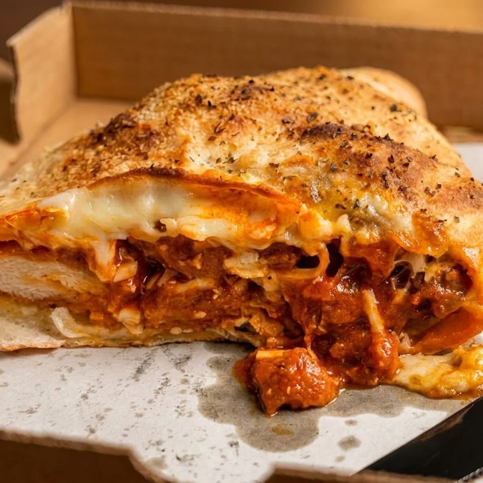A calzone filled with chicken, melted cheese, and marinara sauce, served in a takeout box.