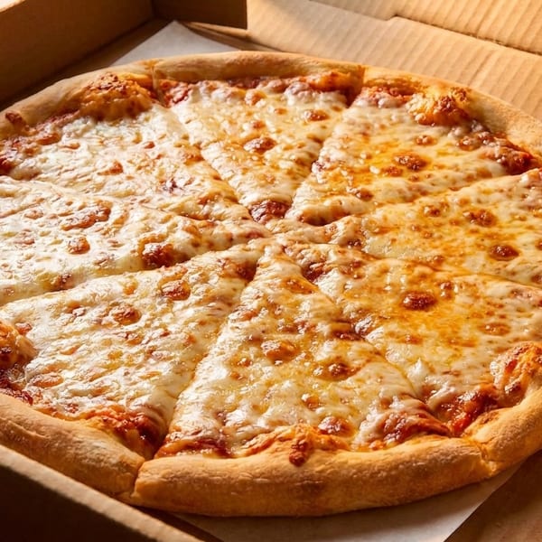 A whole cheese pizza, cut into slices, sits in an open cardboard delivery box.